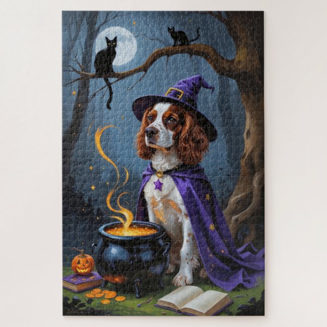 Brittany Spaniel Dog Whimsical Halloween Painting Jigsaw Puzzle (Vertical)