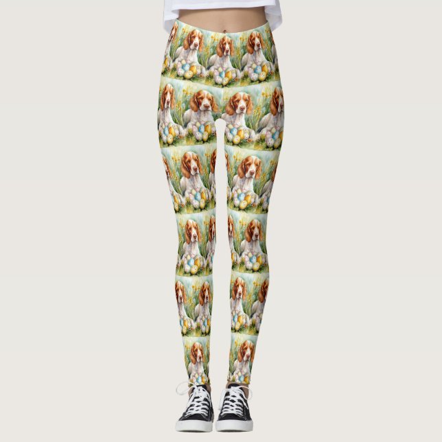 Brittany Spaniel Dog with Easter Eggs Holiday Leggings (Front)