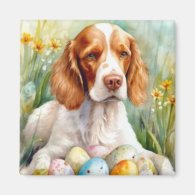 Brittany Spaniel Dog with Easter Eggs Holiday Magnet (Front)