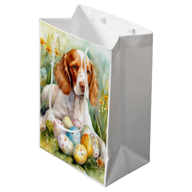 Brittany Spaniel Dog with Easter Eggs Holiday Medium Gift Bag (Front Angled)