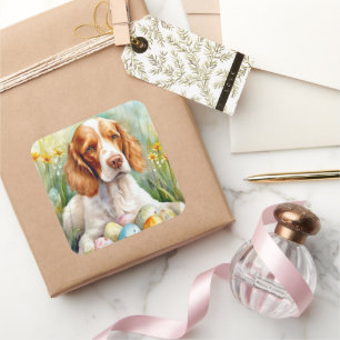 Brittany Spaniel Dog with Easter Eggs Holiday Square Sticker