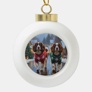 Brittany Spaniel Dogs Christmas Snow Holiday Ceramic Ball Christmas Ornament