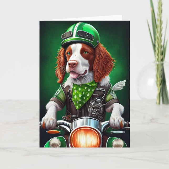 Brittany Spaniel driving bike St. Patrick's Day Card (Front)