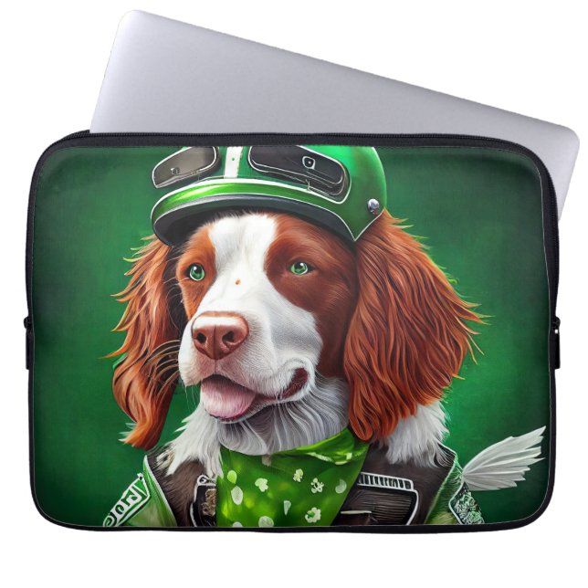 Brittany Spaniel driving bike St. Patrick's Day Laptop Sleeve (Front)