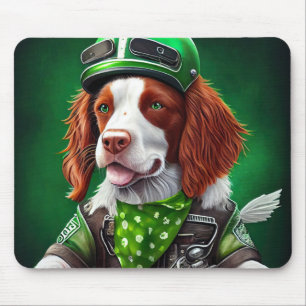 Brittany Spaniel driving bike St. Patrick's Day Mouse Pad