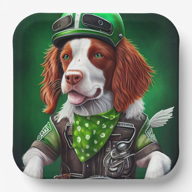 Brittany Spaniel driving bike St. Patrick's Day Paper Plate (Front)