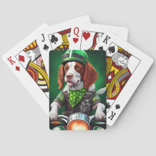 Brittany Spaniel driving bike St. Patrick's Day Playing Cards