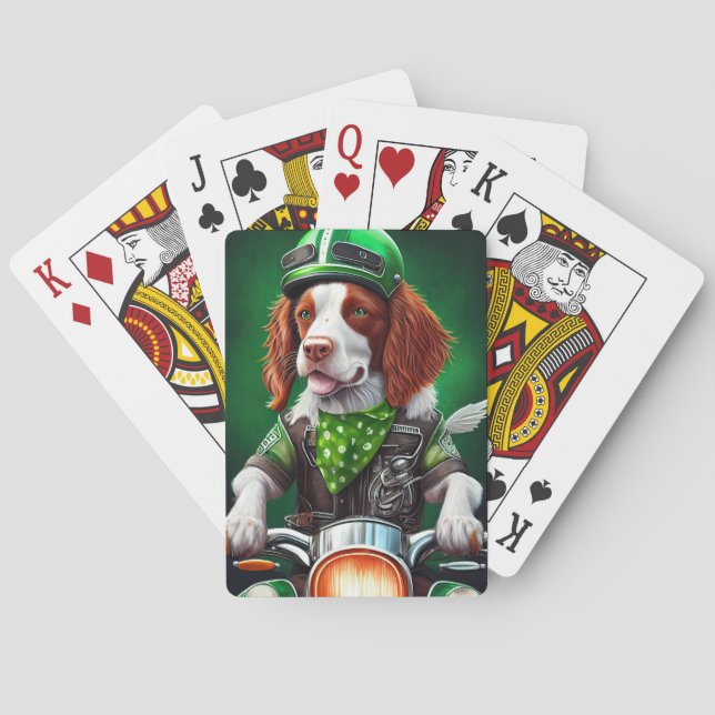 Brittany Spaniel driving bike St. Patrick's Day Playing Cards (Back)