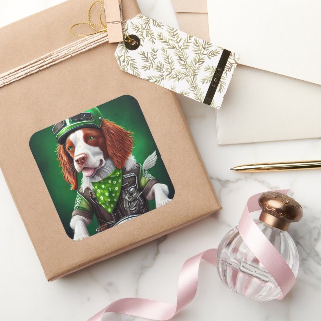 Brittany Spaniel driving bike St. Patrick's Day Square Sticker (Gifting)