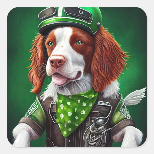 Brittany Spaniel driving bike St. Patrick's Day Square Sticker (Front)