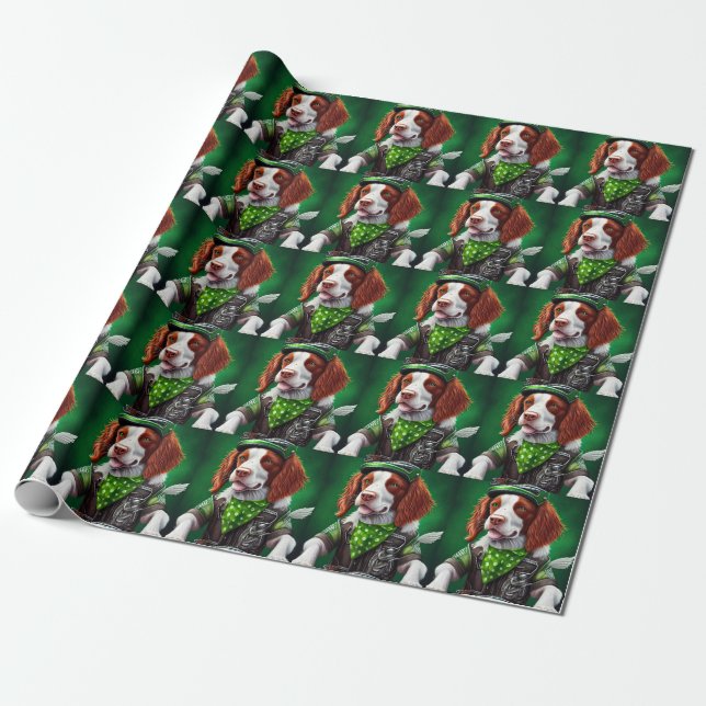 Brittany Spaniel driving bike St. Patrick's Day Wrapping Paper (Unrolled)