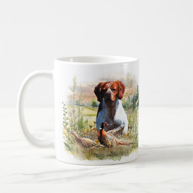 Brittany Spaniel – Field, Focus, Pheasant , Art  Coffee Mug (Left)