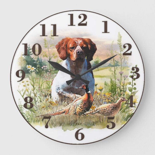 Brittany Spaniel – Field, Focus, Pheasant , Art  Large Clock (Front)
