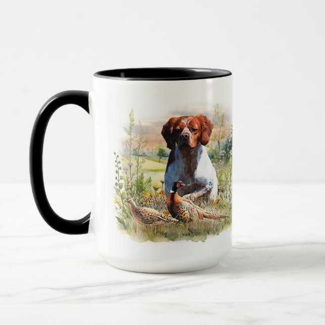 Brittany Spaniel – Field, Focus, Pheasant , Art  Mug (Left)
