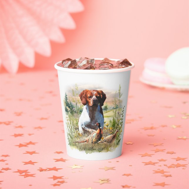 Brittany Spaniel – Field, Focus, Pheasant , Art  Paper Cups (Insitu)
