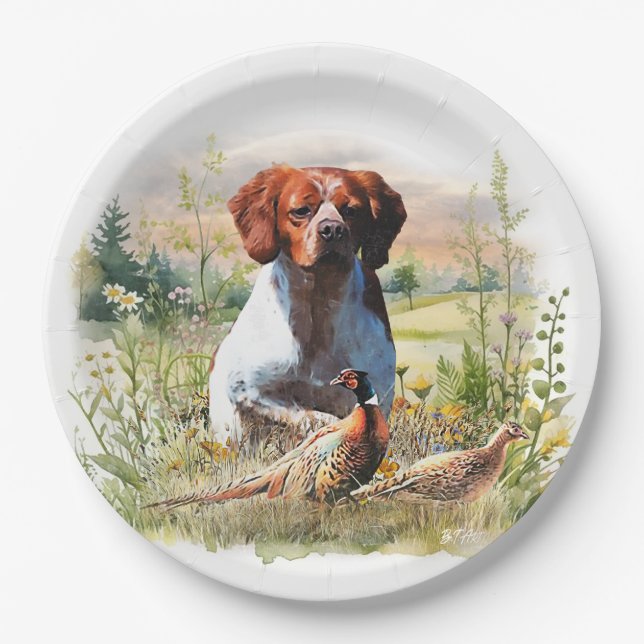 Brittany Spaniel – Field, Focus, Pheasant , Art  Paper Plate (Front)