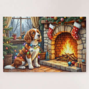 Brittany Spaniel Fireplace with Christmas Lights Jigsaw Puzzle