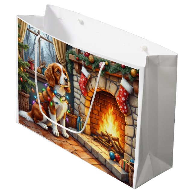Brittany Spaniel Fireplace with Christmas Lights Large Gift Bag (Front Angled)