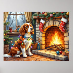 Brittany Spaniel Fireplace with Christmas Lights Poster