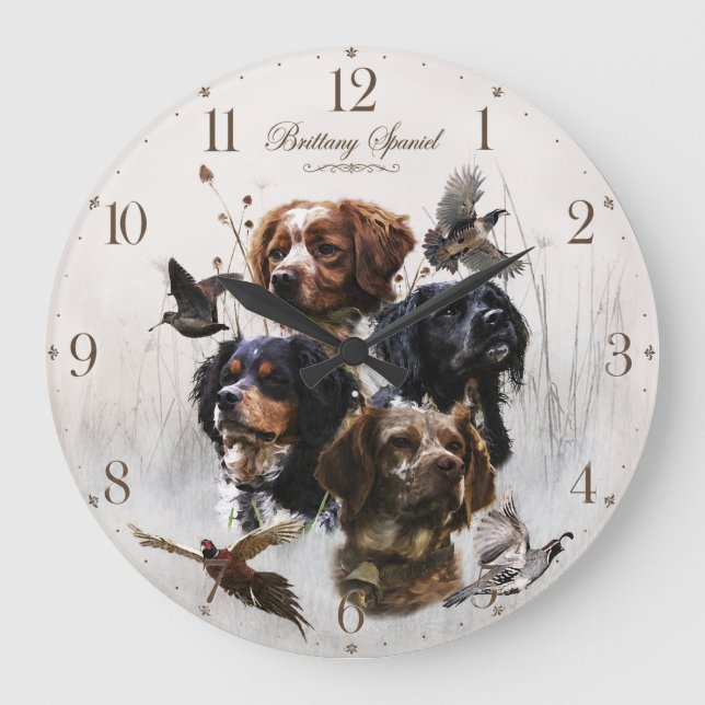 Brittany Spaniel, French Brittany Large Clock (Front)