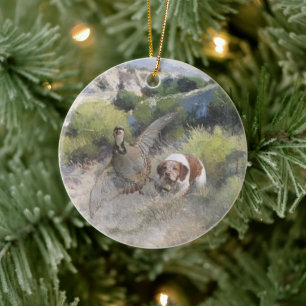 Brittany Spaniel hunting chukar partridge, Art Ceramic Ornament
