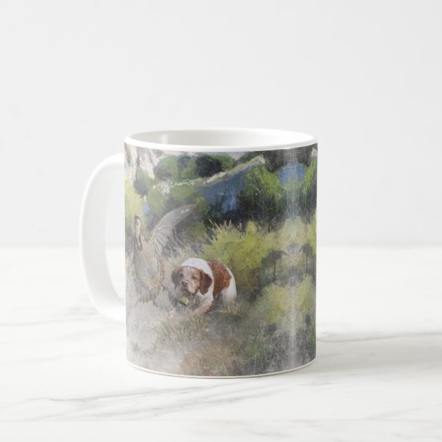 Brittany Spaniel hunting chukar partridge, Art  Coffee Mug (Front Left)