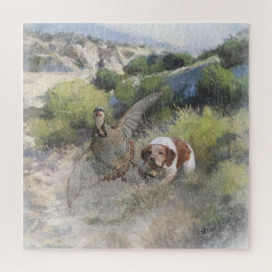 Brittany Spaniel hunting chukar partridge, Art Jigsaw Puzzle