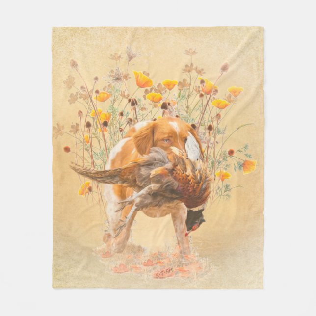 Brittany Spaniel, Hunting Pheasant Coffee Mug T-Sh Fleece Blanket (Front)