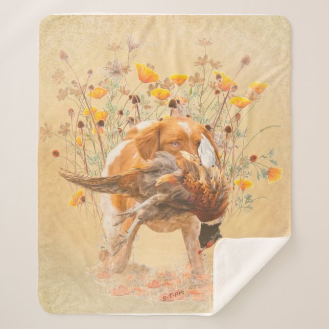 Brittany Spaniel, Hunting Pheasant Coffee Mug T-Sh Sherpa Blanket (Front)
