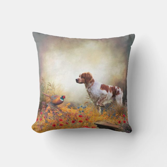 Brittany Spaniel, Hunting Pheasant    Cushion (Front)
