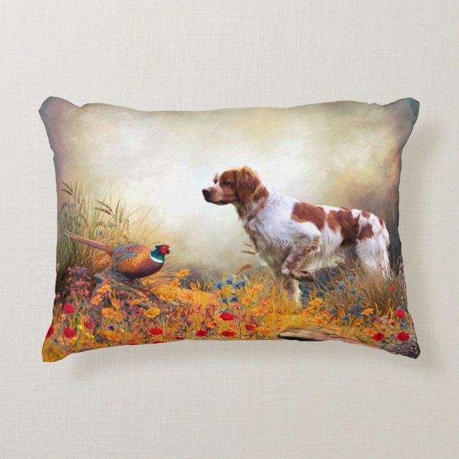Brittany Spaniel, Hunting Pheasant     Decorative Cushion (Front)