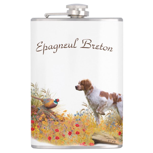 Brittany Spaniel, Hunting Pheasant    Hip Flask (Front)