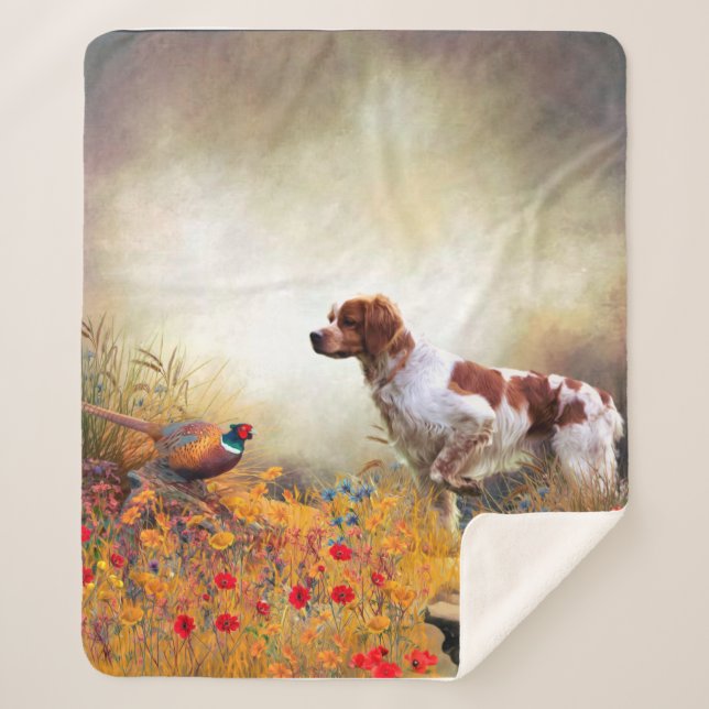 Brittany Spaniel, Hunting Pheasant     Sherpa Blanket (Front)
