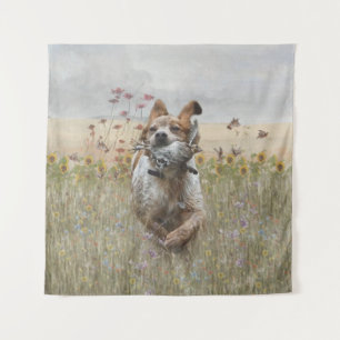 Brittany Spaniel hunting quail , Art  Tapestry