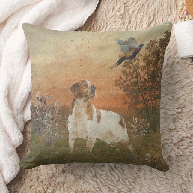 Brittany Spaniel hunts in the field     Cushion (Blanket)