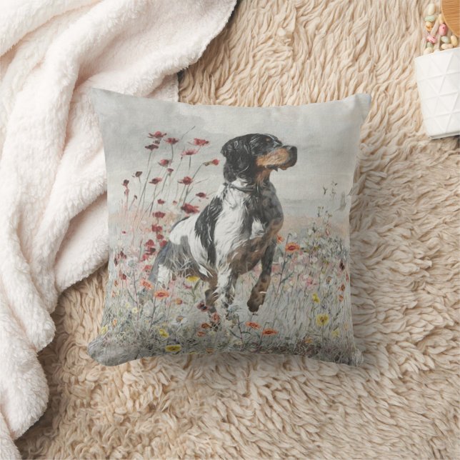 Brittany Spaniel hunts in the field     Cushion (Blanket)