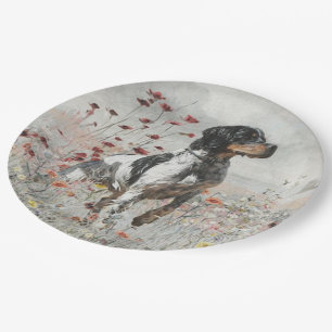 Brittany Spaniel hunts in the field Paper Plate