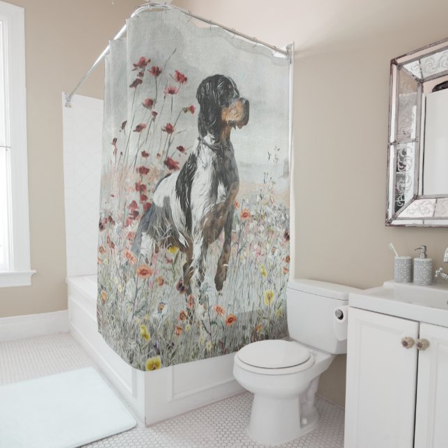 Brittany Spaniel hunts in the field      Shower Curtain (In Situ)