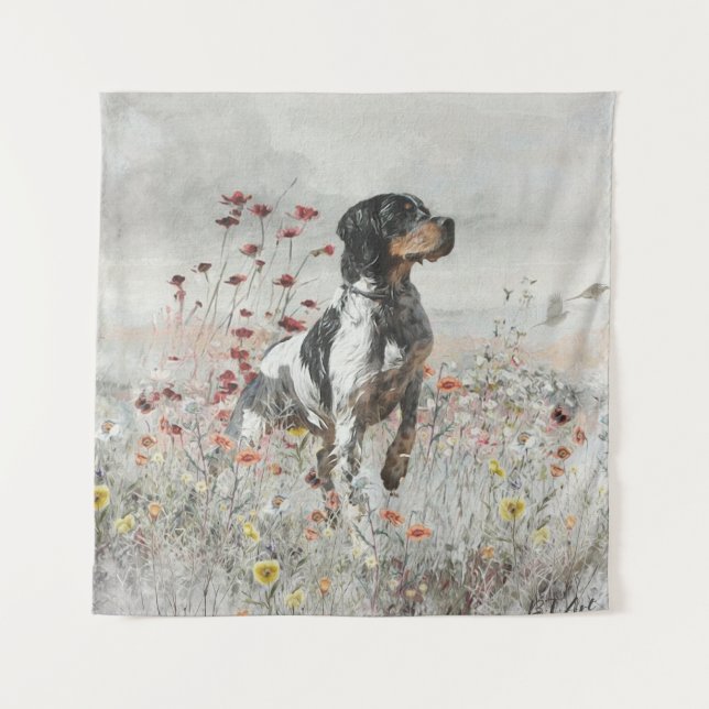 Brittany Spaniel hunts in the field Tapestry (Front)