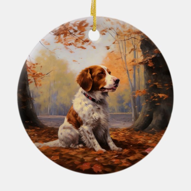 Brittany Spaniel in Autumn Leaves Fall Inspire  Ceramic Ornament (Back)