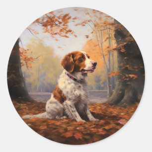 Brittany Spaniel in Autumn Leaves Fall Inspire  Classic Round Sticker