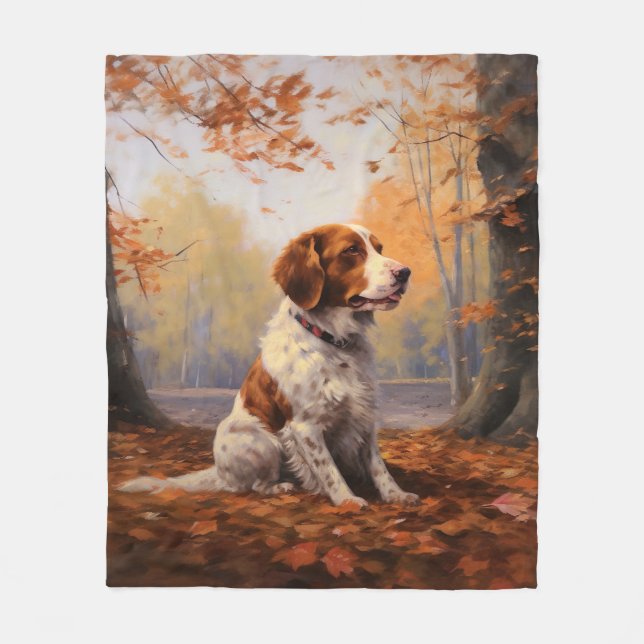 Brittany Spaniel in Autumn Leaves Fall Inspire  Fleece Blanket (Front)