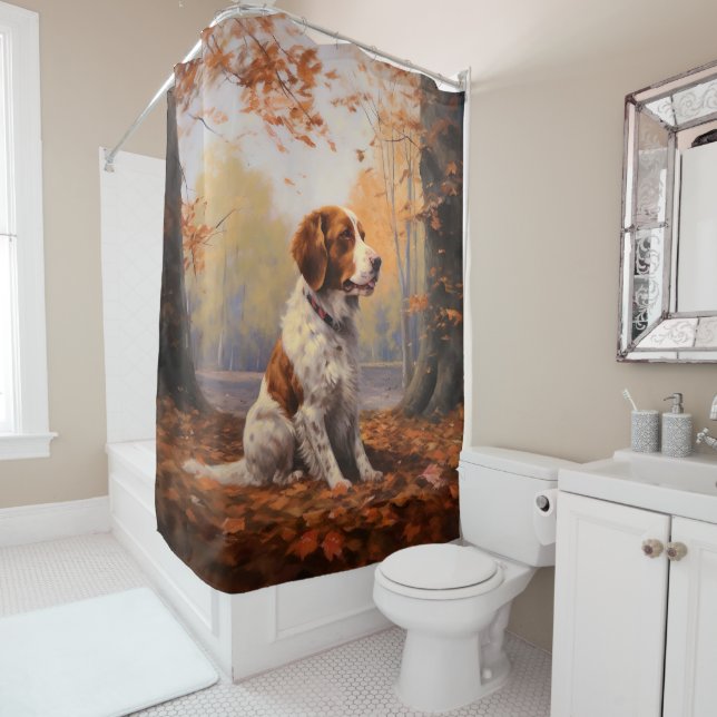 Brittany Spaniel in Autumn Leaves Fall Inspire  Shower Curtain (In Situ)