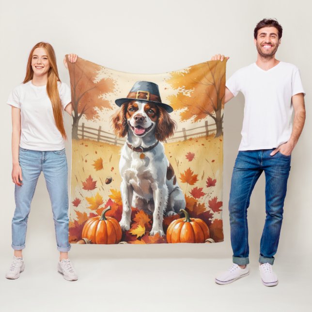 Brittany Spaniel In Autumn Leaves Thanksgiving Art Fleece Blanket (In Situ)