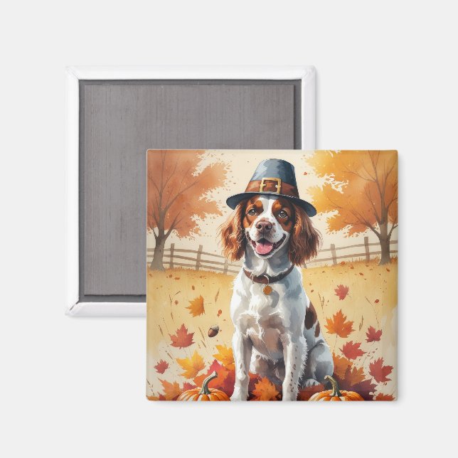 Brittany Spaniel In Autumn Leaves Thanksgiving Art Magnet (Front/Back)