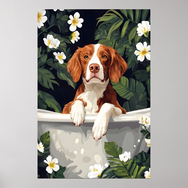 Brittany Spaniel In Bathtub Poster, Funny Dog Poster (Front)