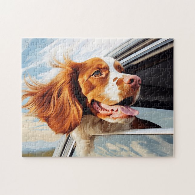 Brittany spaniel in Car Window Jigsaw Puzzle (Horizontal)