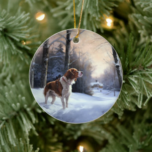 Brittany Spaniel Let It Snow Christmas Ceramic Ornament