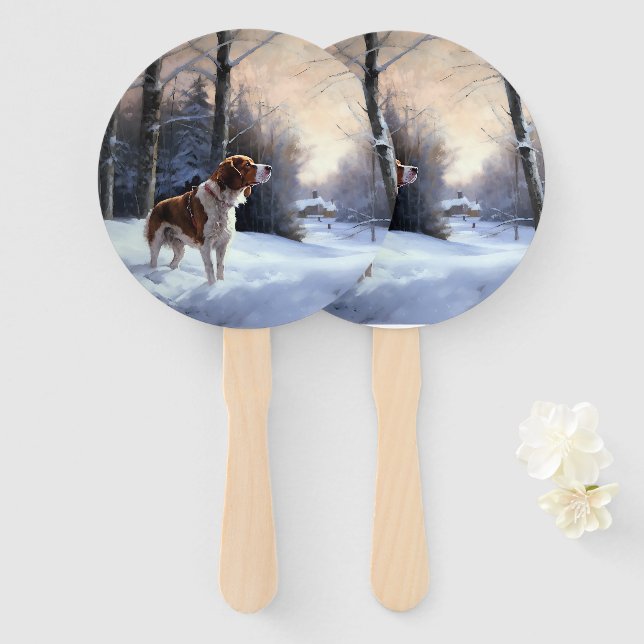 Brittany Spaniel Let It Snow Christmas Hand Fan (Front and Back)
