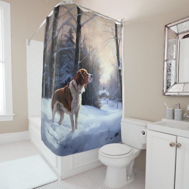 Brittany Spaniel Let It Snow Christmas Shower Curtain (In Situ)